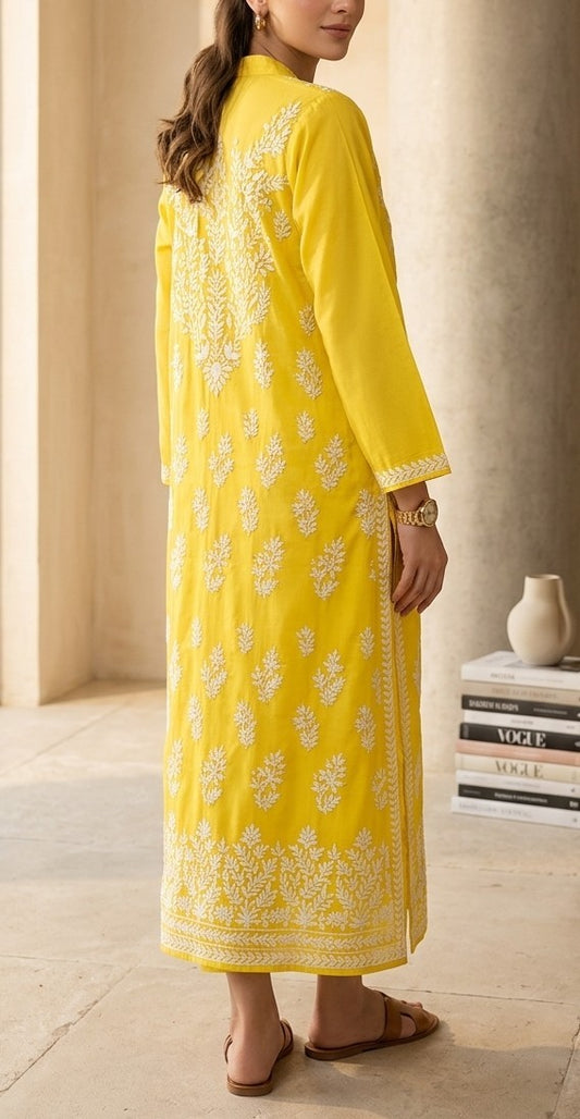 Bright Sunflower Yellow Lawn Kurti with White Floral Threadwork & Pearl Tassels