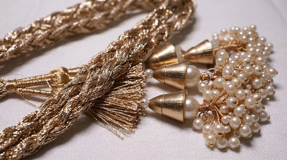 Premium Handcrafted Royal Gold Metallic Braided Paranda – Pearl Bunch Latkan Hair Accessory