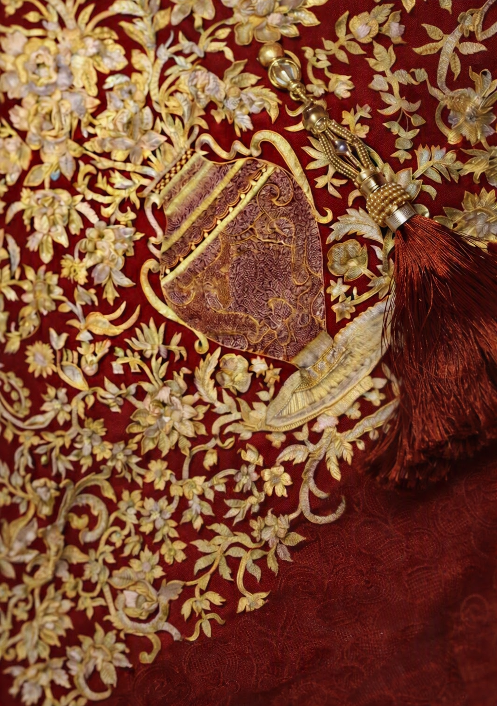 Luxury Handcrafted Deep Red Kashmiri Shawl – Dense Gold Floral & Urn Needlework Embroidery