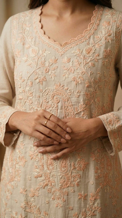 Soft Off-White Linen Cotton Long Kurti with Pastel Peach Thread Embroidery