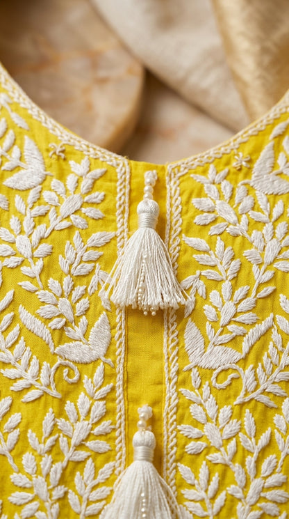 Bright Sunflower Yellow Lawn Kurti with White Floral Threadwork & Pearl Tassels