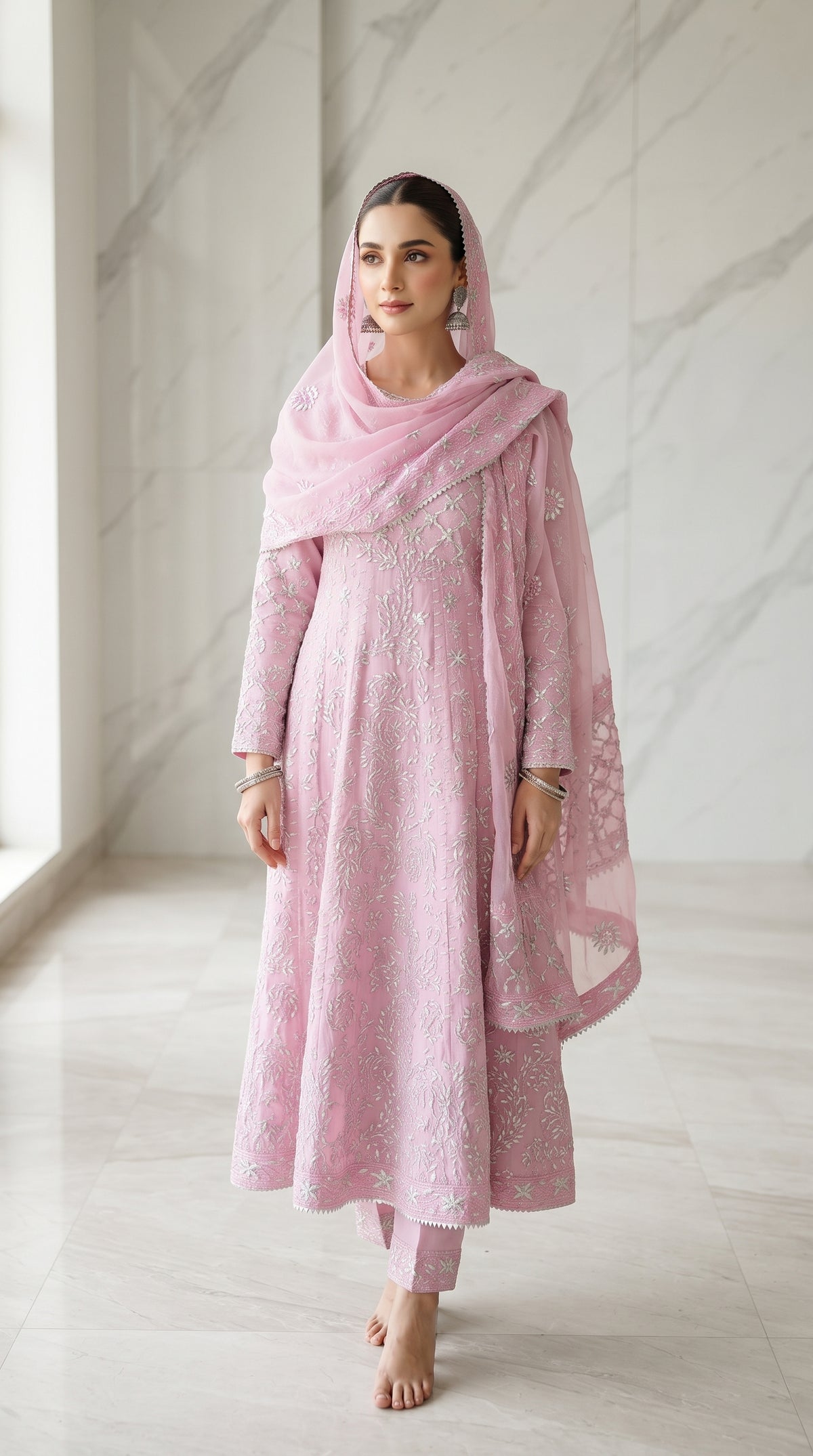Powder Pink Lawn Kalidar Suit with Silver Floral Embroidery for Women