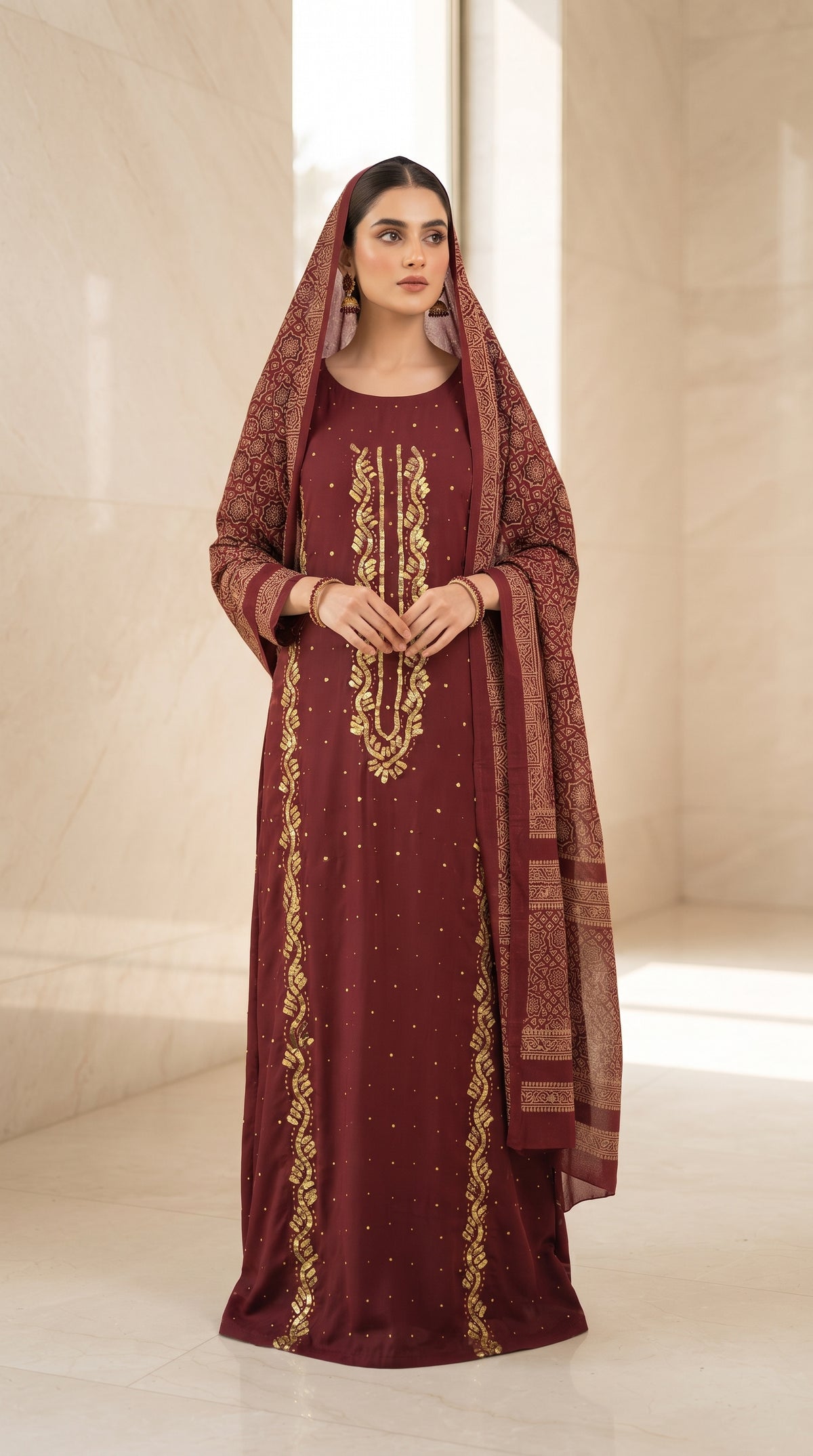 Deep Maroon Gold Hand-Embroidered Tilla Suit with Printed Dupatta for Women