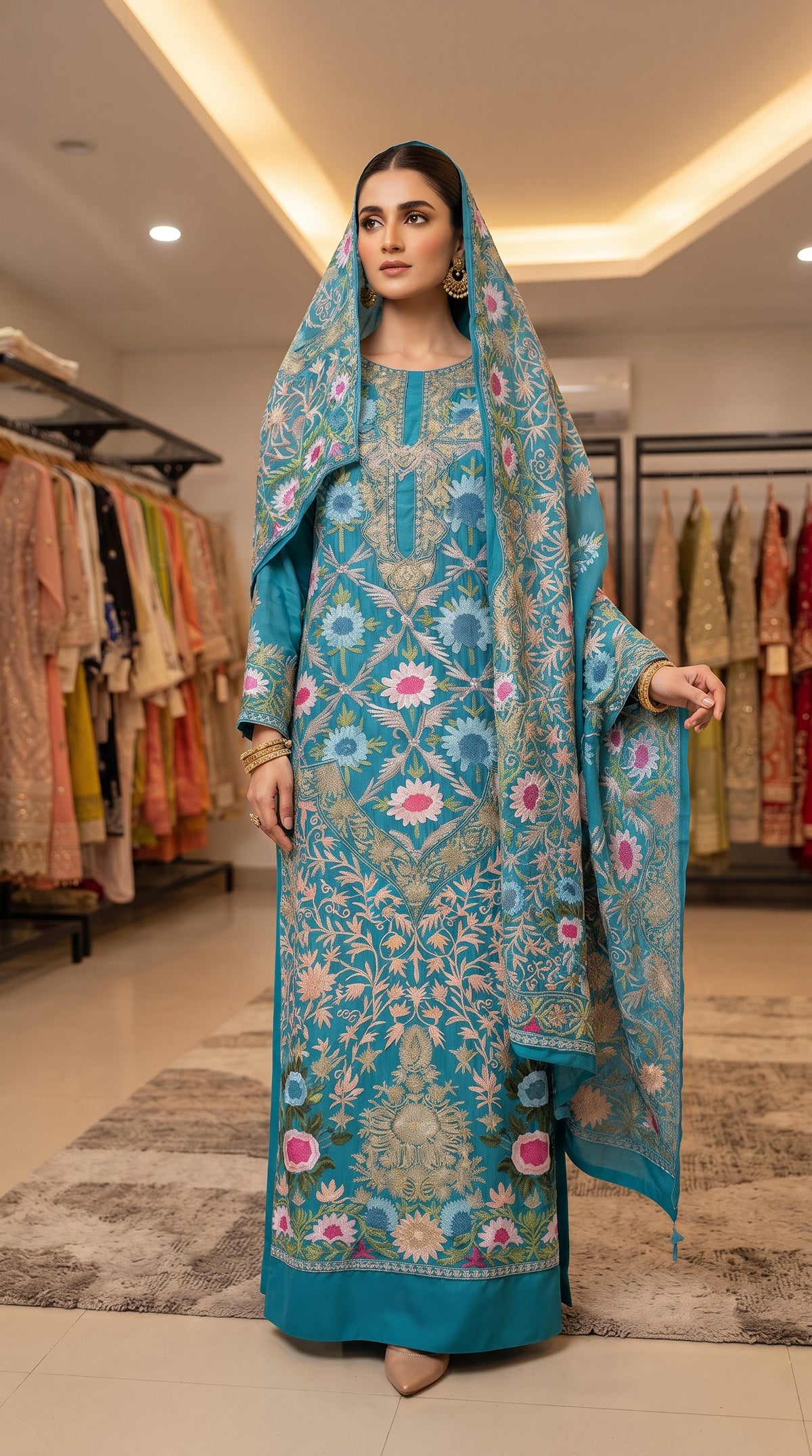 Luxury Teal Hand-Embroidered Salwar Kameez - Festive Wear for Ladies