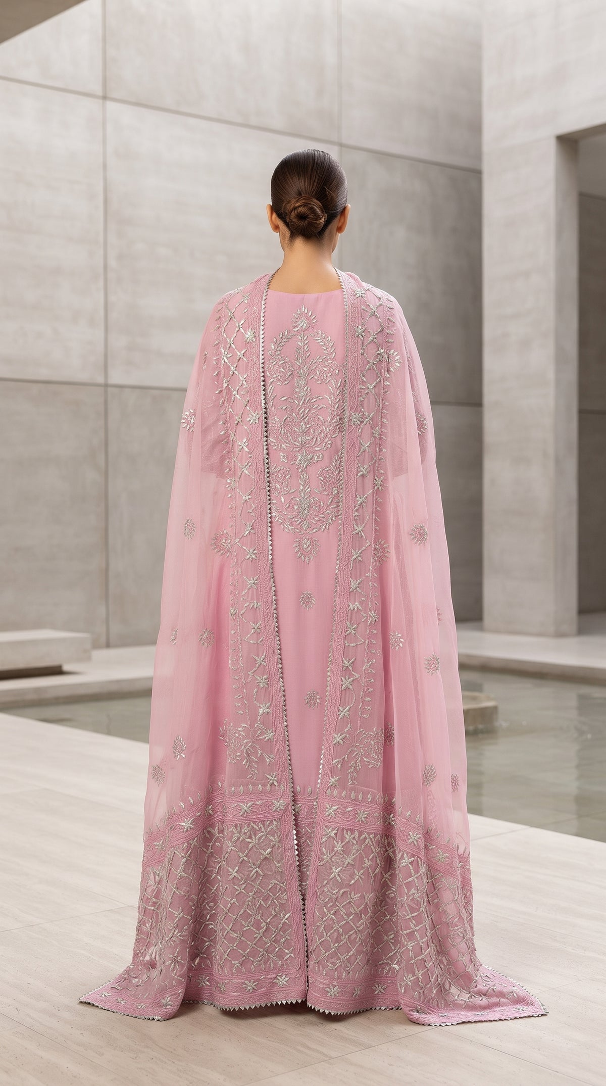 Powder Pink Lawn Kalidar Suit with Silver Floral Embroidery for Women