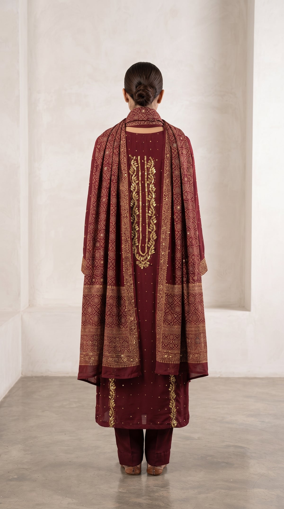 Deep Maroon Gold Hand-Embroidered Tilla Suit with Printed Dupatta for Women