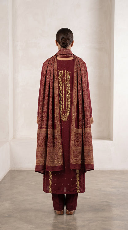 Deep Maroon Gold Hand-Embroidered Tilla Suit with Printed Dupatta for Women
