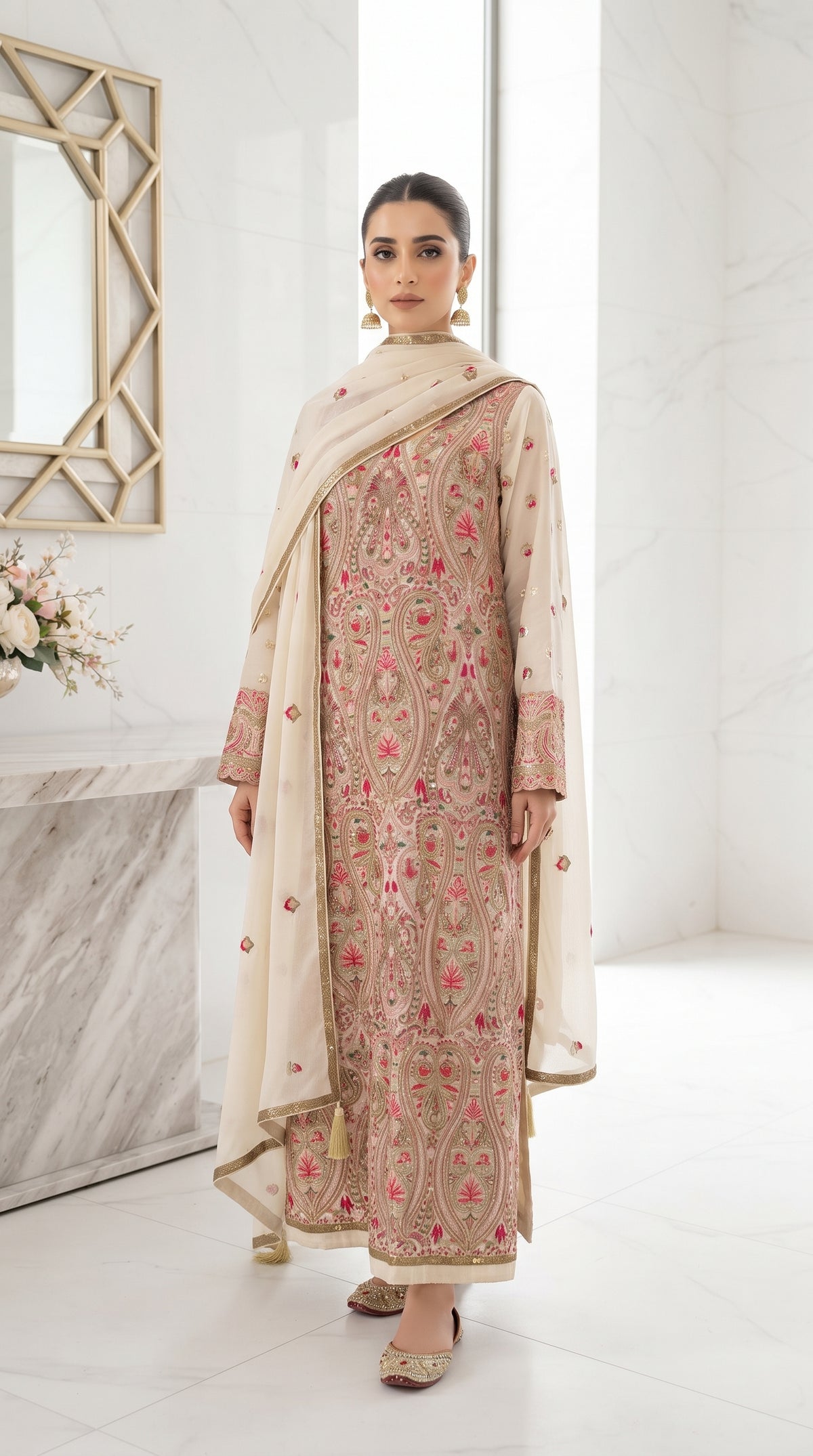 Luxury Ivory Pure Silk Chiffon Suit with Kashmiri Paisley Embroidery for Ladies