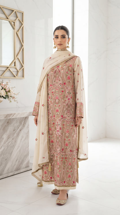 Luxury Ivory Pure Silk Chiffon Suit with Kashmiri Paisley Embroidery for Ladies